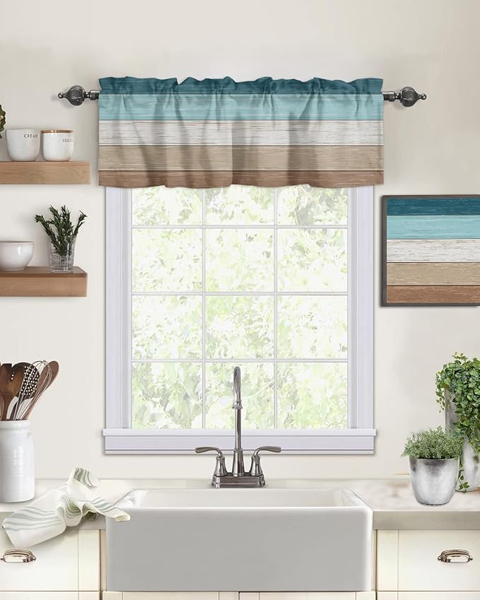 Farmhouse Kitchen Curtains Valances for Windows ,Teal Blue Brown Beach Rod Pocket Country Window Treatment for Kitchen /Living Room/Bedroom/ Bathroom,42" X 12" -1 Panel, Retro Rustic Barn Wood Texture