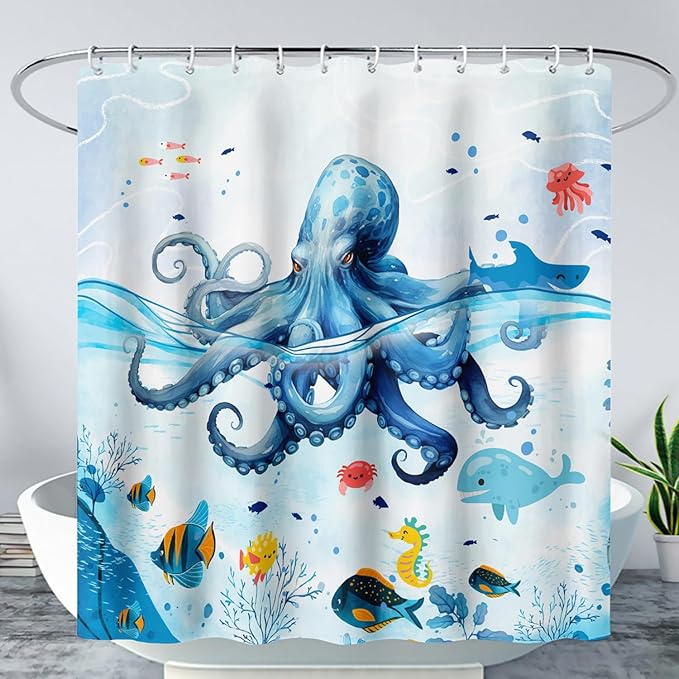 AILONEN Blue Octopuses Shower Curtain Set, Cartoon Octopus Creature Waterproof Fabric Shower Curtain,Ocean Animal Cloth Bath Curtain,Watercolor Blue Shower Curtain Liner with Hooks,36" Wx72 H