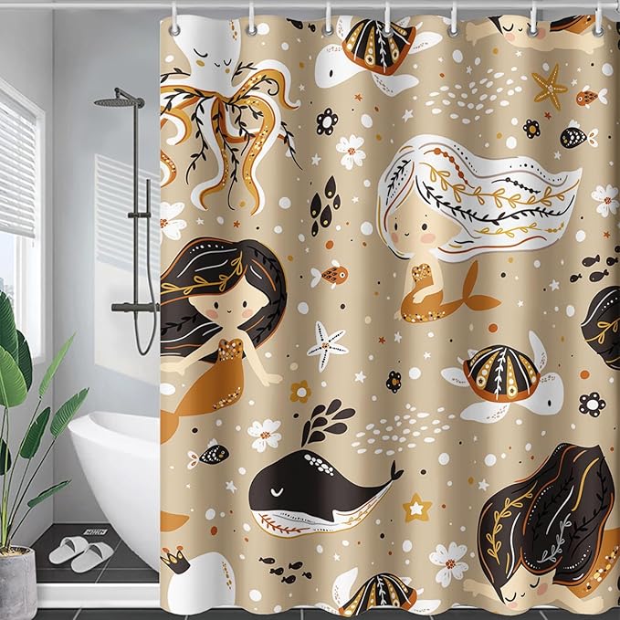 AILONEN Mermaid Shower Curtain,Octopus Whale Retro Mermaid Bath Curtain,Ocean Beach Polyester Waterproof for Bathroom,72" W*96" H with 12 Plastic Hooks