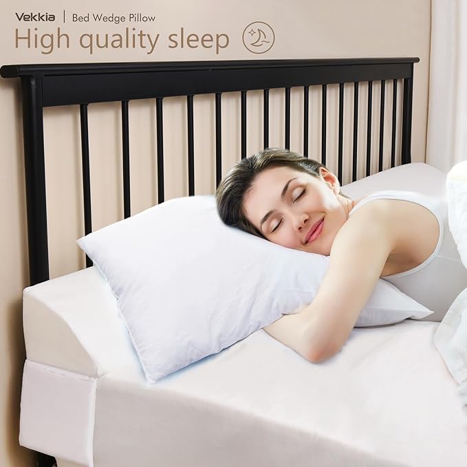 Vekkia Queen Bed Wedge Pillow for Headboard/Wedge Pillow Headboard/Bed Gap Filler/Headboard Pillow,Pillow Wedge for Headboard Gap,Stop Loosing Your Pillows,Phone&Glasses(White 60"x6.5"x4.5")