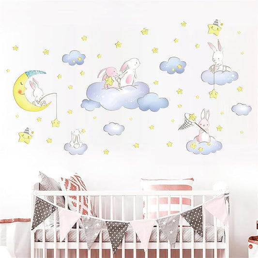 Cartoon Cute Rabbit Wall Decal The Moon and Stars Cloud Bunny Wall Stickers Nursery for Bedroom Girls Decor