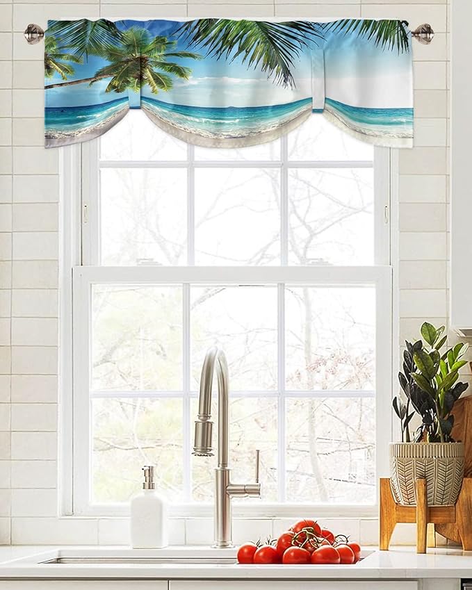 Palms Tree Ocean Blackout Tie Up Valance Curtains for Kitchen Windows Tropical Sea Window Toppers Balloon Shades for Living Room/Bathroom/Bedroom,1 Panel,42" X 12" Beach Theme