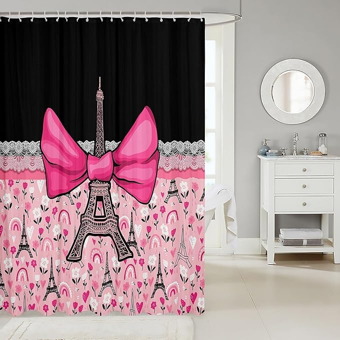 Feelyou Eiffel Tower Shower Curtain 72"x84" Kids Romantic Paris Bowknot Bathroom Shower Curtain Set for Boys Girls Teens Black Pink Bath Curtain Modern French Bathroom Accessories
