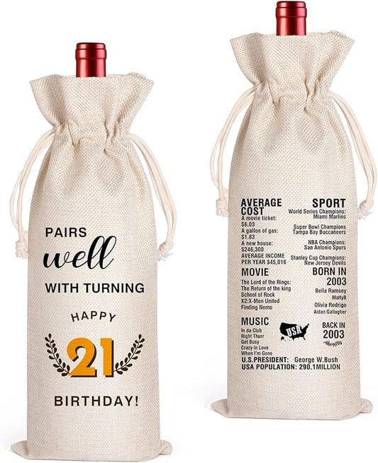 LANBAIHE 21st Birthday Gifts for Her,21st Birthday Gift for Women Men, 21 Years Old Birthday Gifts Wine Bag, 21st Birthday Decorations Party Supplies- 2003 Birthday (21 BIRTHDAY)