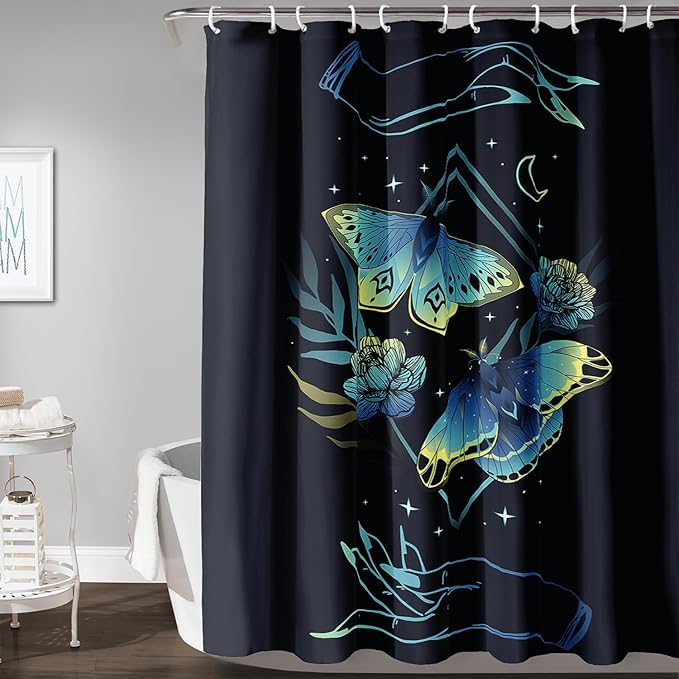 AILONEN Blue Moth Shower Curtain,Flora Death Moth Bath Curtain for Bathroom Decor,Polyester Waterproof with 12 Plastic Hooks 48" W*72" H