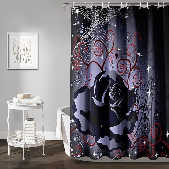 AILONEN Black Rose Shower Curtain for Women,Music Rose Bath Curtain for Bathroom Decor,Red and Black Art Polyester Waterproof for Girls with 12 Plastic Hooks,36" W*72" H Black