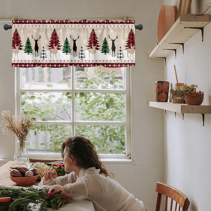 Farmhouse Christmas Kitchen Curtains Valances for Windows Rustic Plaid Christmas Tree Snowflakes Rod Pocket Short Curtain for Kitchen /Living Room/Bedroom/ Bathroom,42" X 18" -1 Panel, Red Green Black