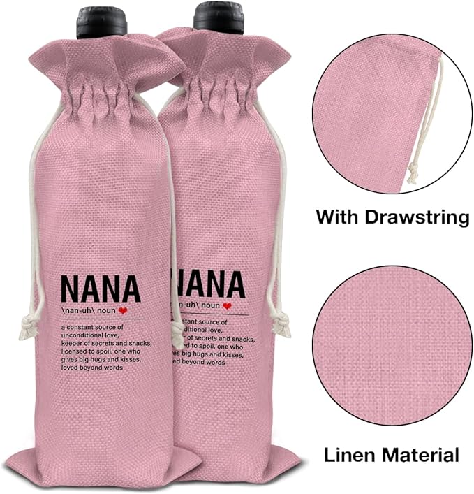 HOIJAUMAI Nana Gifts Grandma Gift Nana Definition Wine Bag Grandma Wine Gift Bags for Birthday Mother's Day (Pink)