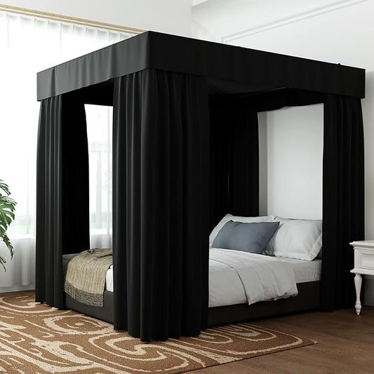 Hvqic Black Canopy Bed Curtains - 4 Corner Post Bed Curtains Twin Bed Curtains Lightproof Drapes Bed Canopy for Adults & Girls Bedroom Decoration(Twin,Black)