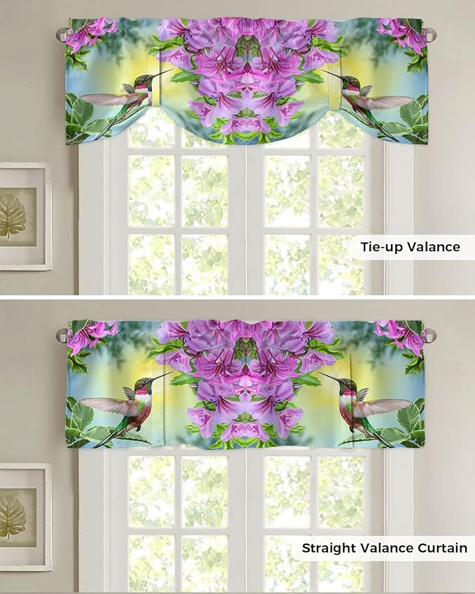Pink Flowers Blackout Tie Up Valance Curtains for Kitchen Windows Hummingbird Window Toppers Balloon Shades for Living Room/Bathroom/Bedroom,1 Panel,54" X 18"