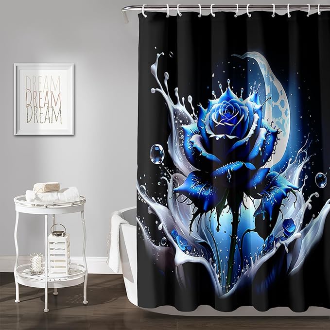 AILONEN 3D Rose Shower Curtain for Bathroom, Evening Moon Blue Rose Bath Curtain for Girls Women, Modern Floral Print Minimalism Shower Curtain Waterproof with 12 Plastic Hooks 72" W*78" H