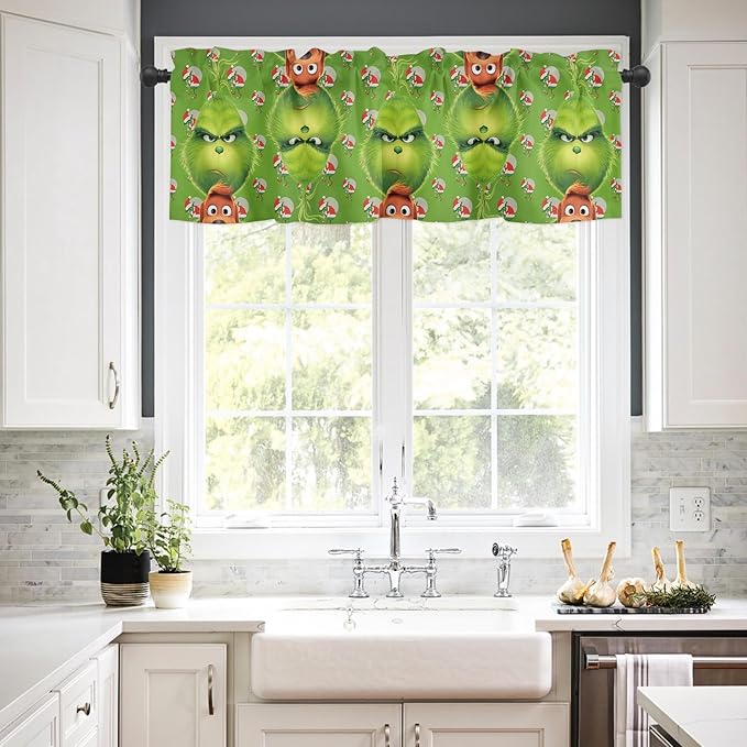 Green Monster Christmas Window Valance for Kitchen Living Room Merry Grinchmas Window Curtain for Bedroom Grin-ch Window Valance Rod Pocket Window Treatment Christmas Decors, 54" W x 18" L