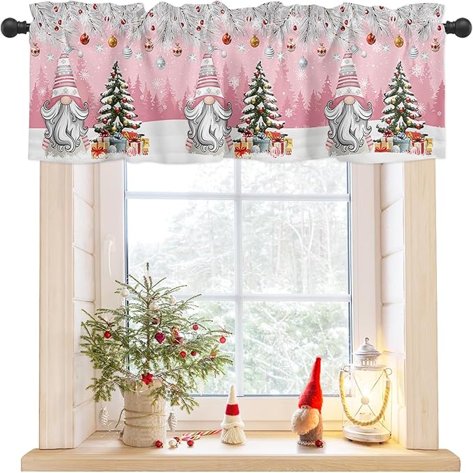 Christmas Gnome Valance Curtains for Kitchen Windows Winter Merry Christmas Tree Balls Rod Pocket Window Treatment Toppers for Kitchen/Living Room/Bedroom/Bathroom, 54" X 18", Pink