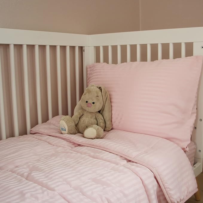 Toddler Bedding Set - 4 Piece Soft Crib Bedding Set for Girls, Includes Toddler Comforter, Flat Sheet, Fitted Sheet and Pillowcase, Pink Stripe