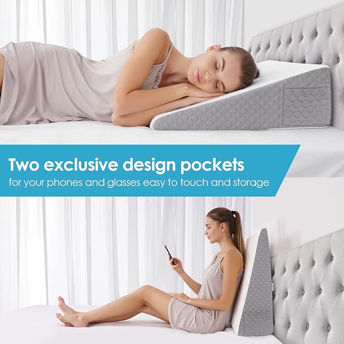 Forias 7.5" Wedge Pillow for Sleeping Bed Wedge Pillow for After Surgery Triangle Elevated Pillow Wedge for Acid Reflux Gerd Snoring Back Pain, Air Layer Removable Machine Wash Cover | Memory Foam Top