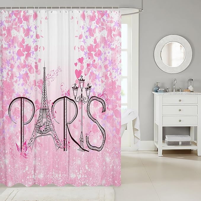 Feelyou Eiffel Tower Shower Curtain 72"x72" Kids Romantic Paris Bathroom Shower Curtain Set for Boys Girls Teens Pink Butterfly Bath Curtain Modern French Botanical Floral Print Bathroom Accessories