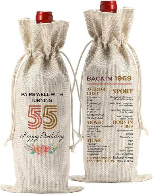 Funny 55th Birthday Gifts for Women Men Wine Bag, Happy Anniversary 55th birthday Party Decorations for Woman Men Wine Bags, 55 Year Old Birthday Gift Ideas Wine Bottle Bag