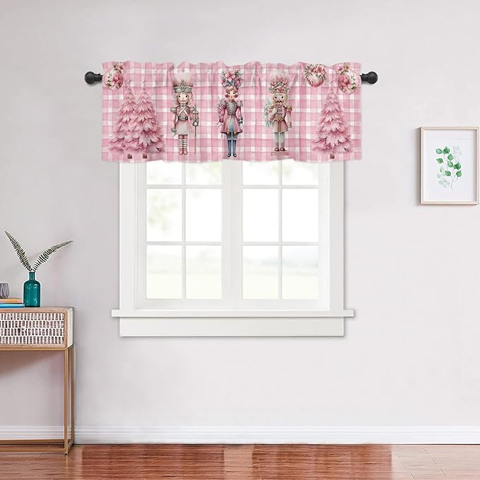 Pink Plaid Nutcrackers Christmas Window Valance for Kitchen Living Room, Pink Christmas Nutcrackers Window Curtain for Bedroom Bathroom, Pink Window Valance Rod Pocket Window Treatment, 54" W x 18" L