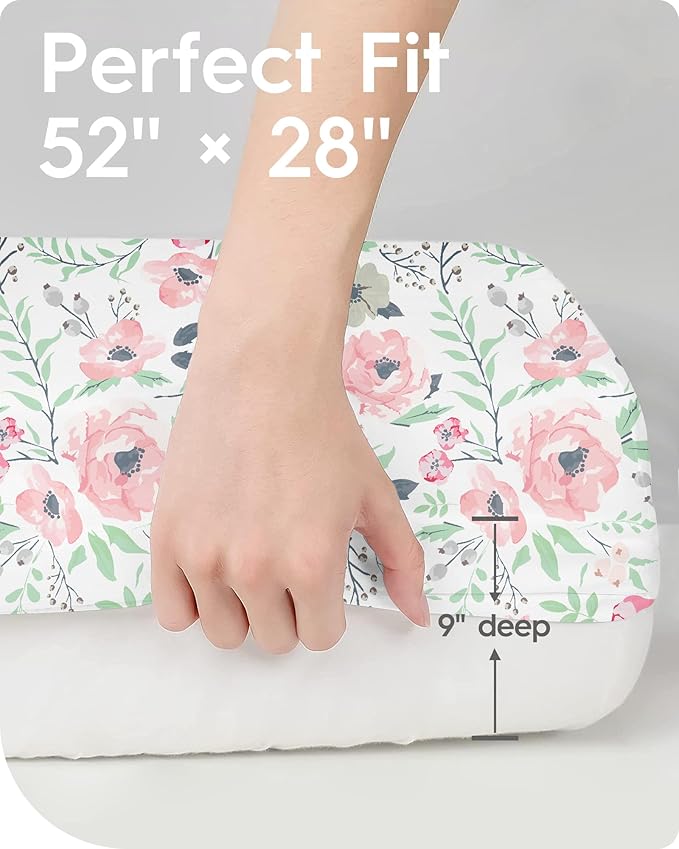 Baby Crib Sheets Girl, TotBasic Premium Soft Crib Mattress Sheet, Ultra Breathable Floral Crib Sheet Fitted, Super Stretchy Jersey Cotton Crib 28" x52‘’x9'' Extra Deep Pocket