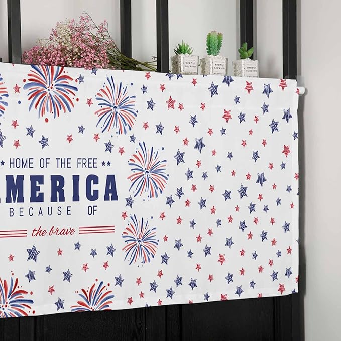 Vandarllin 4th of July Kitchen Curtains Valances for Windows Patriotic America Stars Fireworks Rod Pocket Window Treatment for Kitchen/Living Room/Bedroom/Bathroom, 42" X 18", Red White Blue