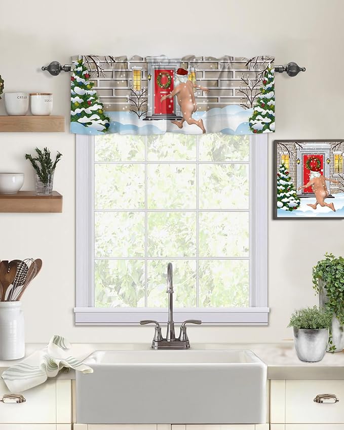 Christmas Farmhouse Kitchen Curtains Valances for Windows Funny Santa Claus Rod Pocket Window Treatment for Kitchen/Living Room/Bedroom/Bathroom,42" X 12" -1 Panel, Holly Xmas Tree