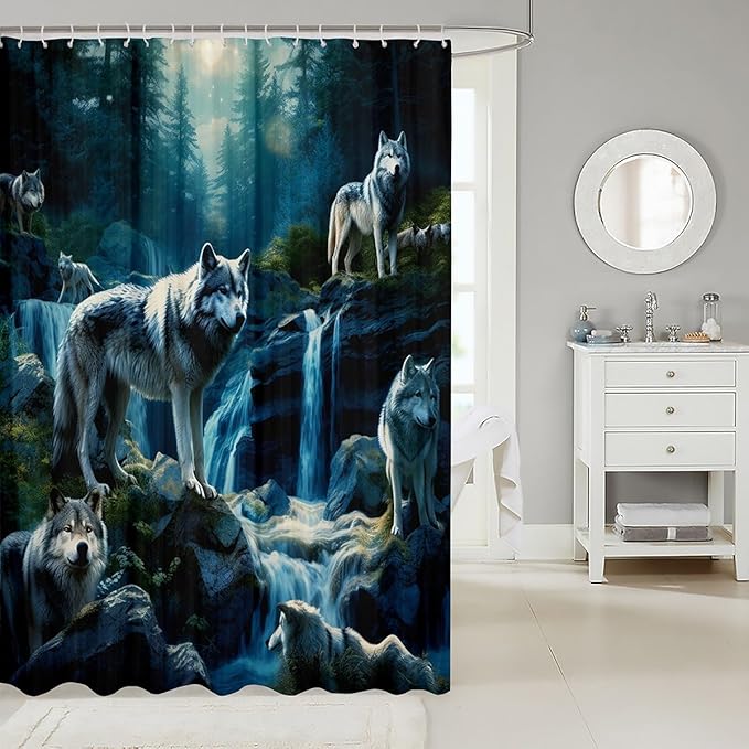 Feelyou Wolf Bath Curtain Wolves Howling Shower Curtain for Kids Silent woles Bathroom Shower Curtain Set Animal Wolves Kids Bathroom Accessories 72"x78"