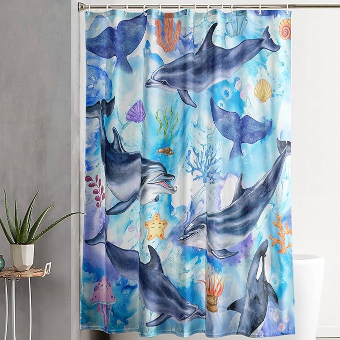 AILONEN Cute Cartoon Whale Shower Curtain,Kawaii Marine Animal Whale Bathroom Curtain for Kids Girls Boys,Blue Tie Dye Bath Curtain Set,Seaweed Fabric Shower Curtains for Bathroom, 48" W*72" H