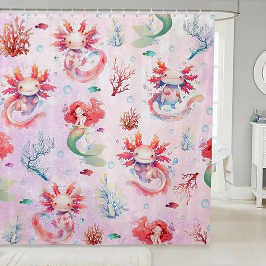 Feelyou Boys Girls Cute Axolotl Bath Curtain Ocean Sealife Bathroom Shower Curtain Set Mermaid Shower Curtain Kids Sea Animal Teens Bathroom Accessories Room Decor 72"x72"
