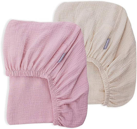 Muslin Crib Sheets Girls Rutiwa 2 Pack Boho Baby Sheets for Crib 100% Cotton Breathable Crib Sheets Toddler Bed Sheets Fit Standard Crib Mattress 28"x52"(Light Pink/Beige)