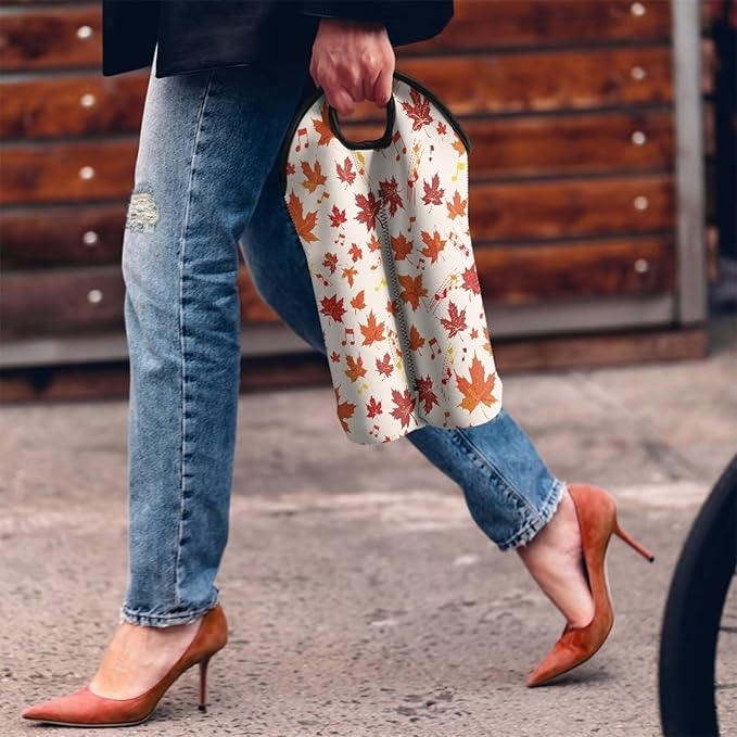 doginthehole Wine Carrier Tote 2 Bottle Champagne Bottle Protector Sleeve Pouch Fall Maple Leaf Musical Note Print Wine Bottle Packag Bag Wine Bags for Travel, Picnic, Party