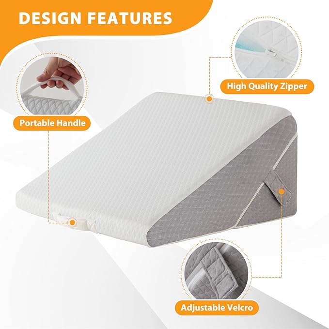 Bed Wedge Pillow for Sleeping, 9&12 Inch Wedge Pillow for Back Pain Relief, Adjustable 7-in-1 Memory Foam Triangle Pillow for Back and Leg Support, Acid Reflux, Snoring & Gerd, White/Grey