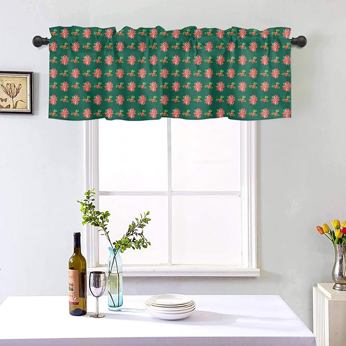 Holy Berries Christmas Window Valance for Kitchen Living Room, Red Floral Window Curtain for Bedroom Bathroom, Winter Windows Valance Rod Pocket Window Treatment, Christmas Decors, 54" W x 18" L