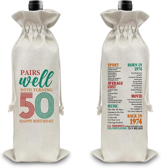 50th Birthday Gifts Wine Bag Congratulations Gifts for Women Men Parents Mom Dad Anniversary Favors 1974 Birthday Wine Gift Bag