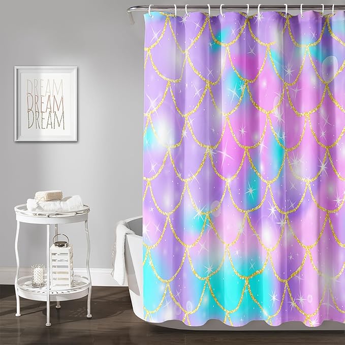 AILONEN Mermaid Scale Shower Curtain,Purple Mermaid Scale Bath Curtain for Girls Bathroom,Polyester Waterproof for Shower with 12 Plastic Hooks 72" W*84" H