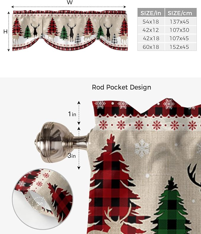 Farmhouse Christmas Blackout Tie Up Valance Curtains for Kitchen Windows Rustic Plaid Christmas Tree Snowflakes Window Toppers Balloon Shades for Living Room/Bathroom/Bedroom,42" X 18" Red Green Black