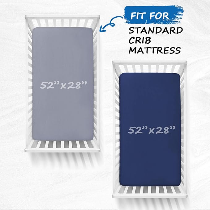 Crib Sheets for Boys 2 Pack, Baby Crib Sheets for Standard Crib Mattress & Toddler Bed, Cozy Breathable Fitted Crib Sheet Set for Baby Boy (28''x 52''x 8''), Grey and Navy