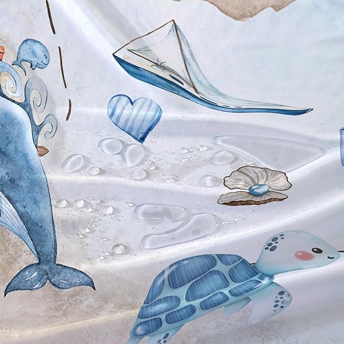 AILONEN Cartoon Dolphin Hower Curtain,Cute Sea Turtle Shower Curtain for Bathroom,Nautical Theme Bath Curtain,Watercolor Blue Waterproof Fabric Shower Curtain Set for Kids Girls,Boys,72" W*84" H