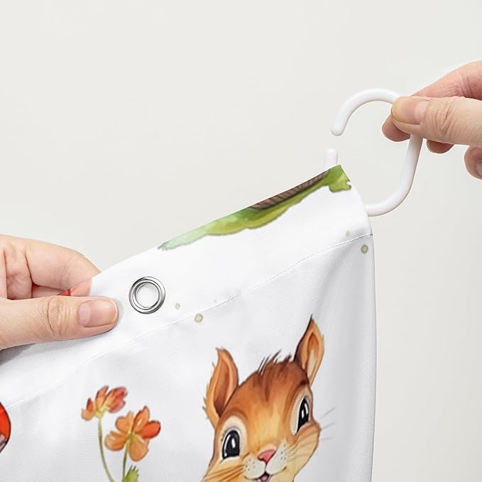 AILONEN Cartoon Mushroom Shower Curtain for Kids Girls Boys, Kawaii Squirrels with Red Mushroom Shower Curtains for Bathroom,Cute Animal Shower Curtain Set with Hooks,48" W*72" H