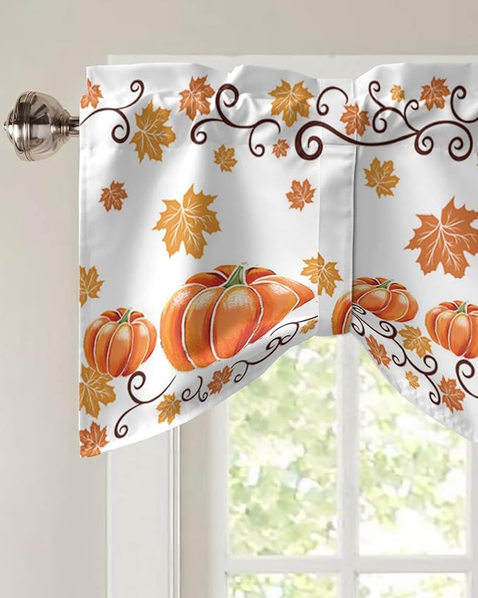 Fall Maple Leaves Blackout Tie Up Valance Curtains for Kitchen Windows Thanksgiving Watercolor Pumpkins Window Toppers Balloon Shades for Living Room/Bathroom/Bedroom,1 Panel,42" X 12" Orange