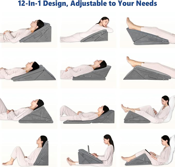 KingPavonini Grey Bed Wedge Pillow for Sleeping, 7.5 & 9 & 11 & 12 Inch Adjustable Memory Foam Triangle Wedge Pillow Post Surgery for Back, Legs and Knee Support, Acid Reflux