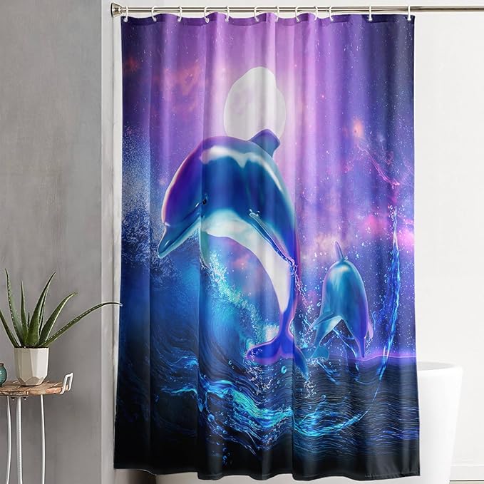 AILONEN Catrtoon Dolphin Shower Curtain Bathroom 36" W*72" H Blue Starry Sky Sea Water Cloth Fabric Bathroom for Kids Girls,Jumping Dolphin with Moon Shower Curtain Set