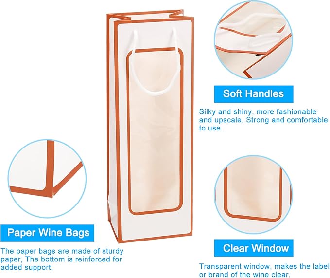 uxcell Wine Bags, 12pcs 4.92"x3.35"x14.2" Wine Gift Bags with Rope Handles, Paper Wine Tote Bag with Clear Window for Wedding Birthday Christmas Party Supplies, White Orange