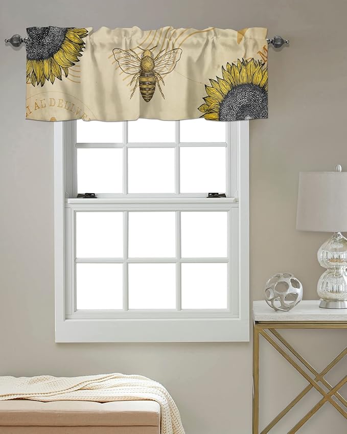 Vintage Sunflower Bee Kitchen Curtains Valances for Windows Summer Rod Pocket Window Treatment for Kitchen/Living Room/Bedroom/Bathroom,42" X 12" -1 Panel, Yellow