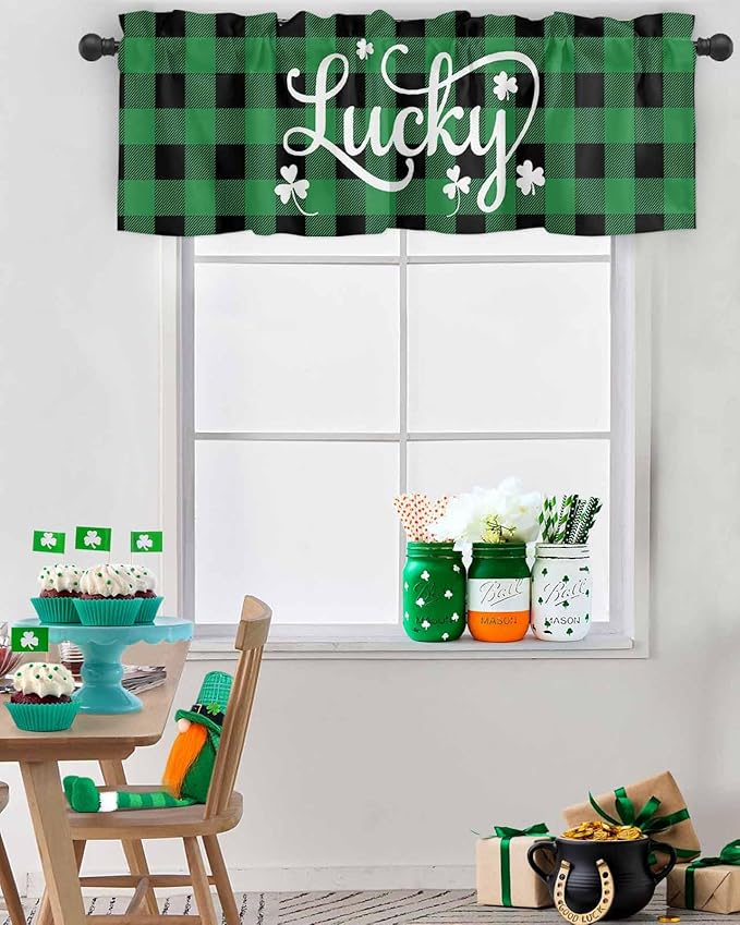 St. Patrick's Day Buffalo Plaid Kitchen Curtains Valances for Windows Lucky Shamrocks Clover Rod Pocket Window Treatment for Kitchen /Living Room/Bedroom/ Bathroom, 60" X 18", Rustic Green Black