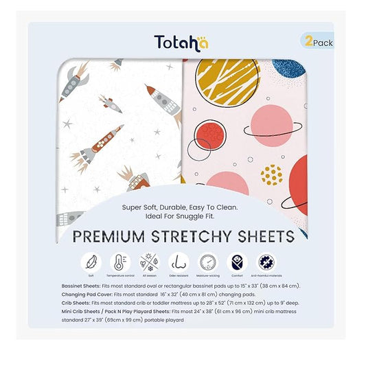 TotAha Premium Soft Space Bassinet Sheet for Boy Girl, Super Stretchy Jersey Knit Bassinet Fitted Sheet, Compatible with Halo, Maxi COSI, Mika Micky, SNOO, Baby Delight Mattress, 2 Pack