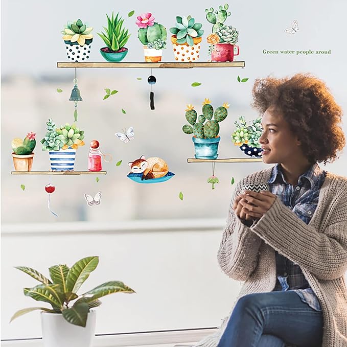 Green Cactus Potted Wall Decals Tropical Plants Wall Stickers DIY Peel and Stick Art Murals, Art Decorations Decor for Kids Bedroom Kitchen Office Girl Room