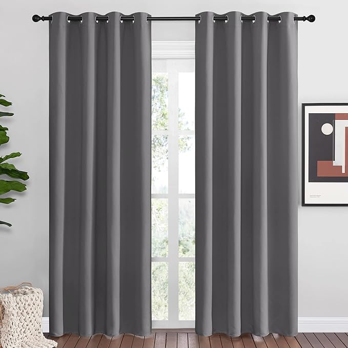 NICETOWN Blackout Curtains Panels for Bedroom - 3 Pass Microfiber Noise Reducing Thermal Insulated Solid Ring Top Blackout Window Drapes (2 Panels, 55 x 86 Inch, Gray)