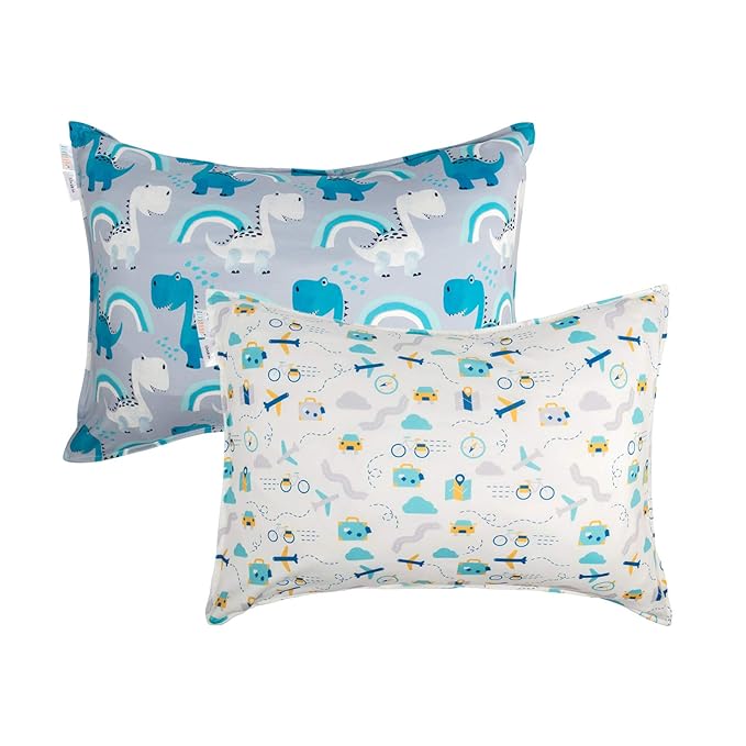 ALVABABY Toddler Pillowcases Fits 13 x 18,12x 16 Kids Pillow 2 Pack Stretchy Soft Baby Pillow Cover Envelope Kids Pillowcases for Boys Girls Dino+Traffic 2TPE01