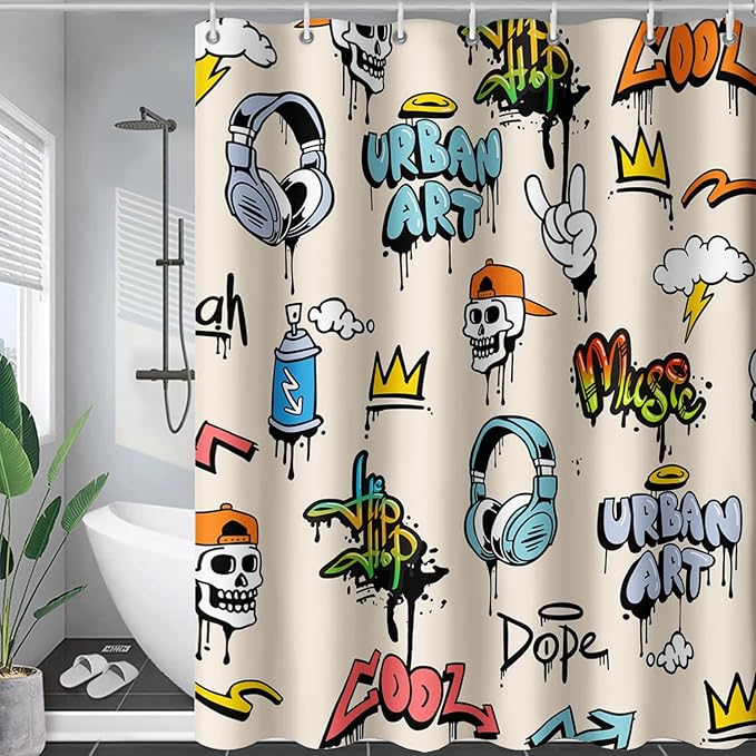 AILONEN Hip-Hop Skull Shower Curtains,Graffiti Music Bath Curtains,Printed Rock Curtains,Polyester Waterproof with 12 Hooks for Bathroom 72" W*78" H