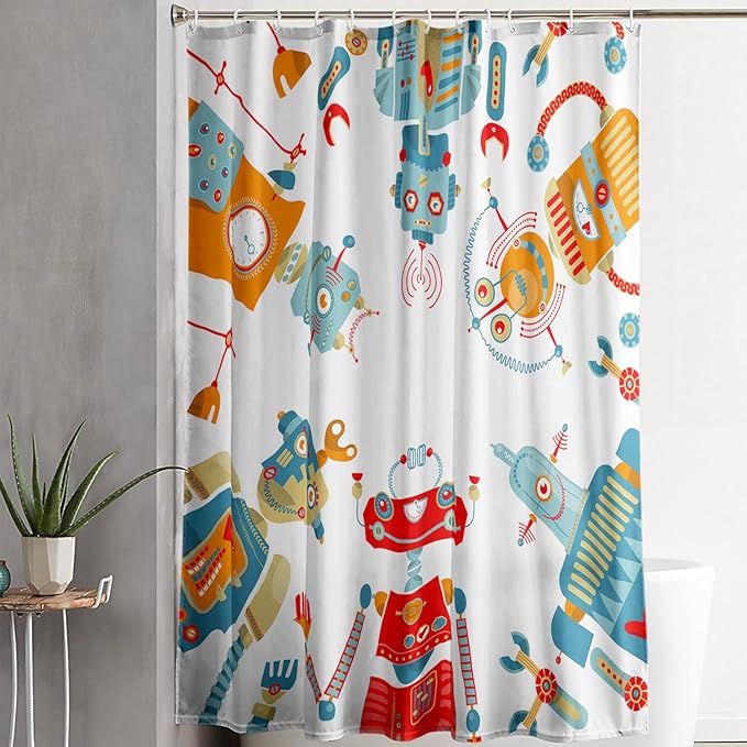 AILONEN Kawaii Robots Shower Curtain,Cartoon Robot Waterproof Fabric Shower Curtain Set for Boys Teens Kids, 72" W*96" H Watercolor Robot Bathroom Decors